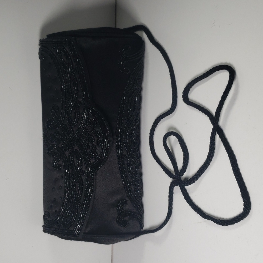 Little Black Purse KATE LANDRY Beaded Evening Clutch Crossbody Rope Strap